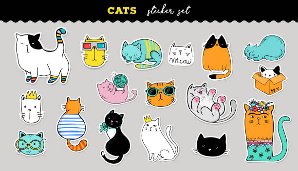 Cats cute sticker collection. Vector hand drawn illustrations Cats cute and funny sticker collection. Vector hand drawn illustrations animal stickers stock illustrations