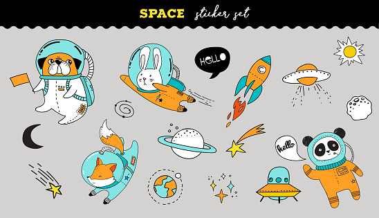 Outer Space sticker collection. Cute animals astronauts in helmets, creative nursery designs, perfect for kids room, fabric, wrapping, wallpaper, textile, apparel
