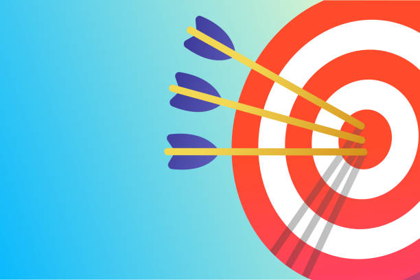 istock Red white target with arrows in the bullseye with shadows on it. Goal achieving symbol icon sign vector banner illustration isolated on light blue background flat style design 986461286