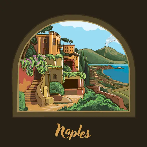 Vector illustration of Naples, Campania, Italy. Vector Illustration. View from the window of the volcano Vizuvius in Naples. Imitation of painting in vector