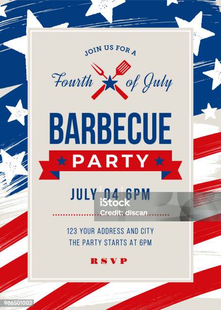 Fourth Of July Bbq Party Invitation Stock Illustration - Download Image Now - Fourth of July, Barbecue - Social Gathering, Barbecue Grill