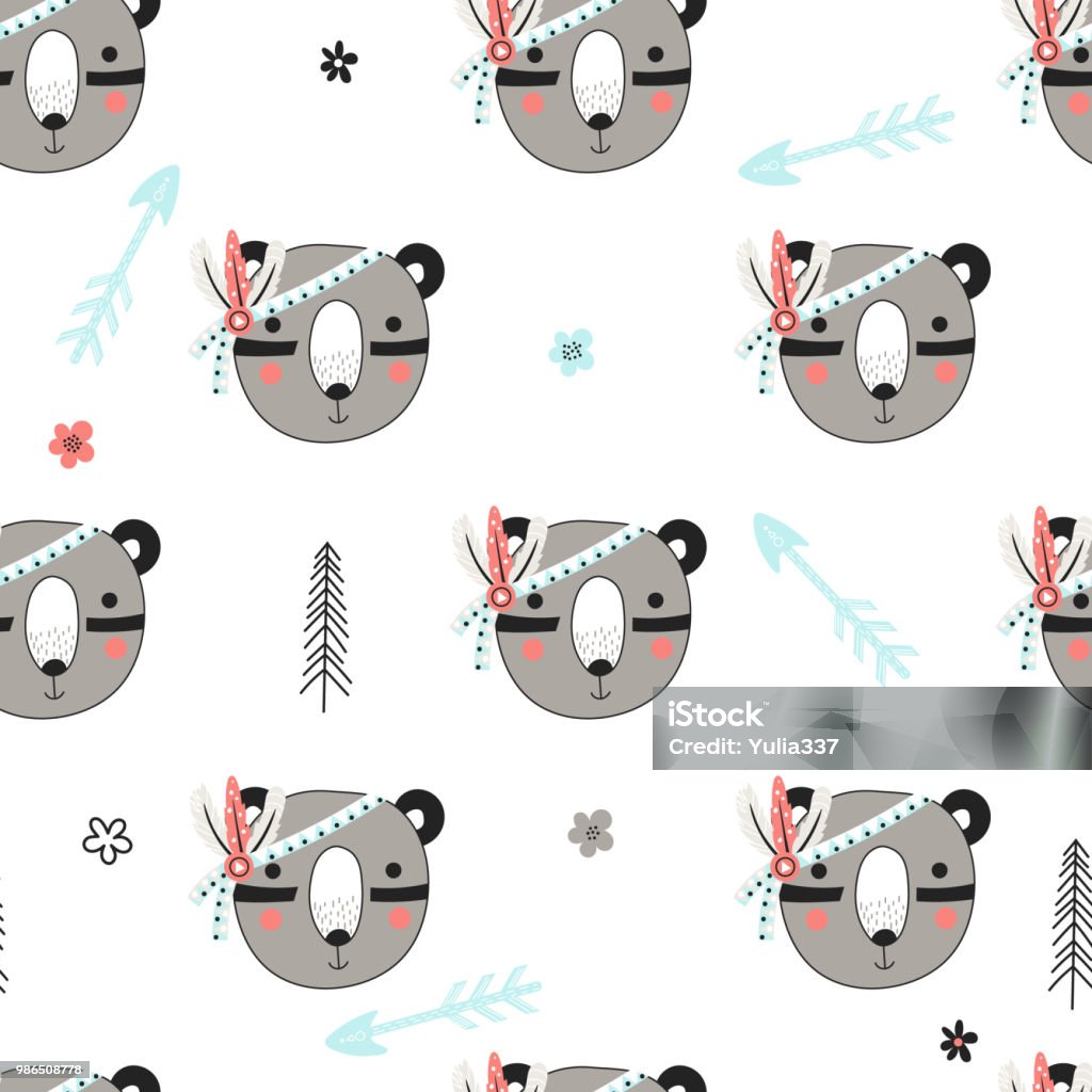 Seamless pattern with tribal bears Seamless pattern with cute woodland tribal bears in cartoon style. Vector illustration for kids. Animal stock vector