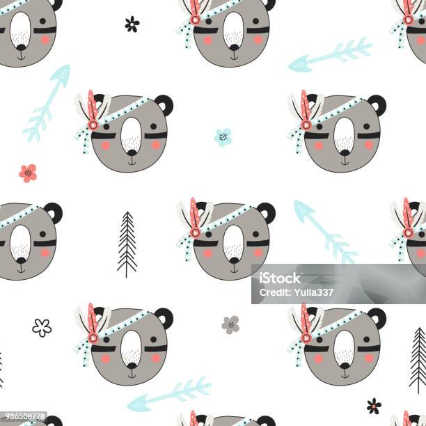 Seamless Pattern With Tribal Bears Stock Illustration - Download Image Now - Animal, Animal Wildlife, Animals In The Wild