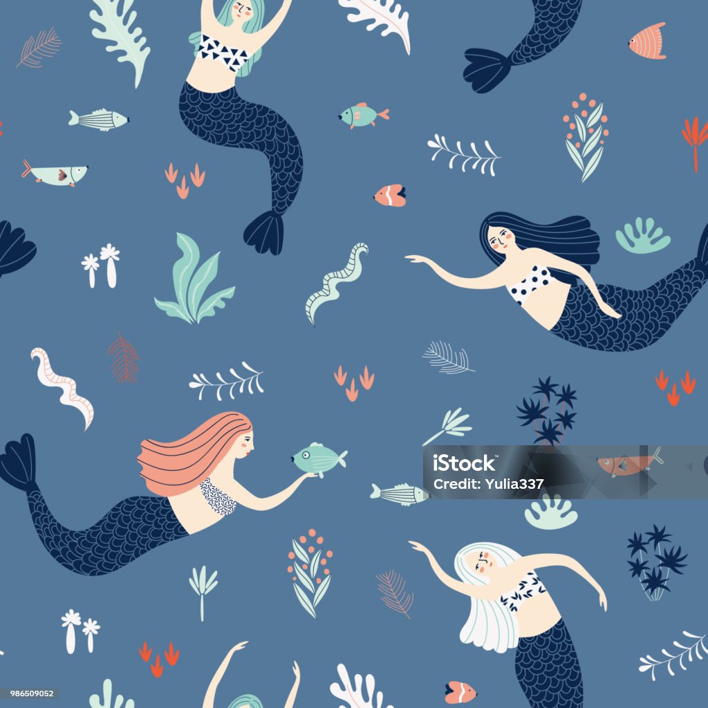 Marine seamless pattern with mermaids Seamless pattern with cute fairy mermaids, fish and plants on a blue background. Illustration for your design. Mermaid stock vector