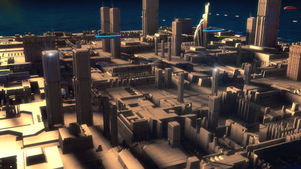 istock 3d Render. Futuristic city and spaceships 986528528