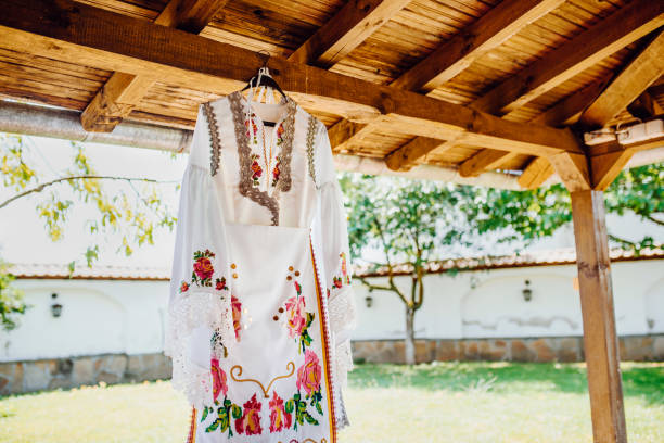 Traditional Bulgarian female folklore costume. Traditional wedding costume in Bulgaria. stock photo