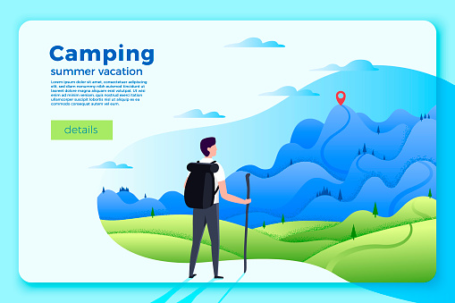 Vector bright camping banner template with man looking on forest and mountains on soft background, with achievement point.