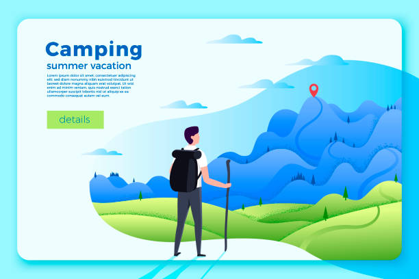 Camping banner, man looking on forest, mountains Vector bright camping banner template with man looking on forest and mountains on soft background, with achievement point. adventure illustrations stock illustrations