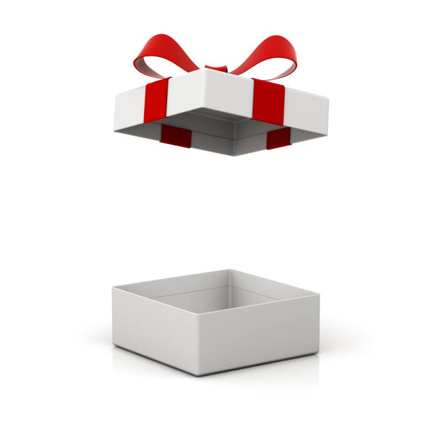istock Open gift box or present box with red ribbon bow isolated on white background with shadow and reflection . 3D rendering 986556802