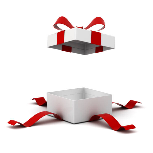 Open gift box present box with red ribbon bow isolated on white background with shadow . 3D rendering Open gift box present box with red ribbon bow isolated on white background with shadow . 3D rendering. unfolded stock pictures, royalty-free photos & images