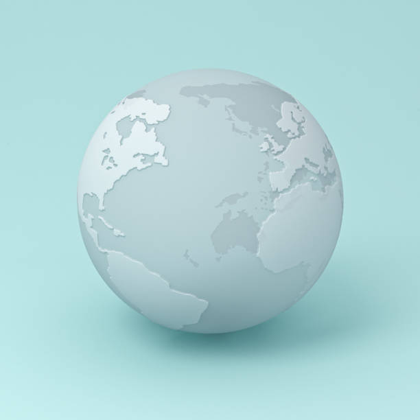 globo di terra trasparente bianco isolato su sfondo color pastello azzurro con ombra. rendering 3d - three dimensional shape continents bright blue foto e immagini stock