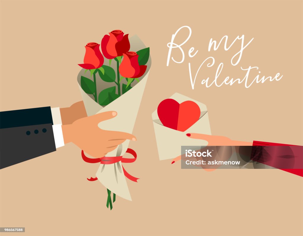 Be my Valentine Hand of a man and a woman exchanging Valentine's gifts. Valentine's Day - Holiday stock vector