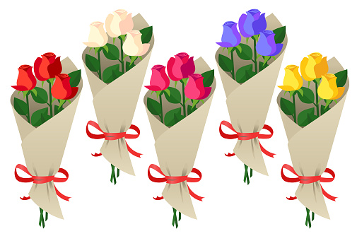 Five bouquets of fresh roses in different colors, isolated on a white background.