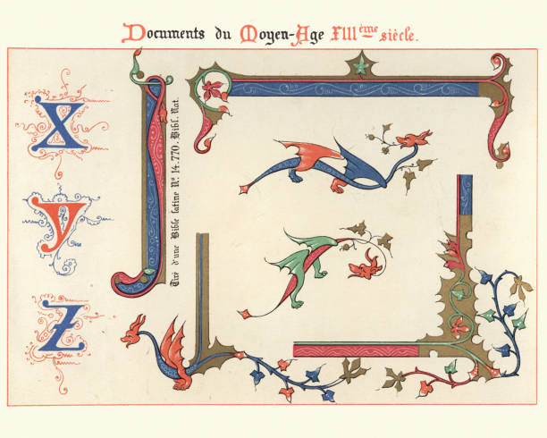 illustrations, cliparts, dessins animés et icônes de exemples de l’art décoratif médiéval du xiiie siècle - medieval illuminated letter