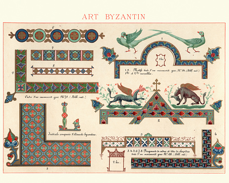 Vintage engraving of Examples of Ancient Byzantine decorative art