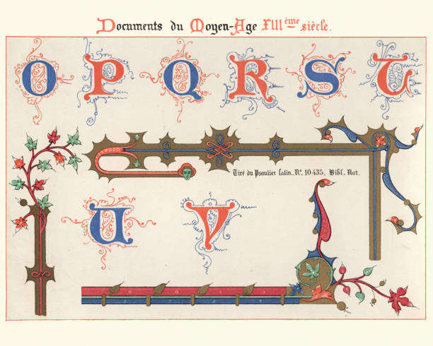 illustrazioni stock, clip art, cartoni animati e icone di tendenza di esempi di arte decorativa medievale xiii secolo - letter p ornate alphabet typescript