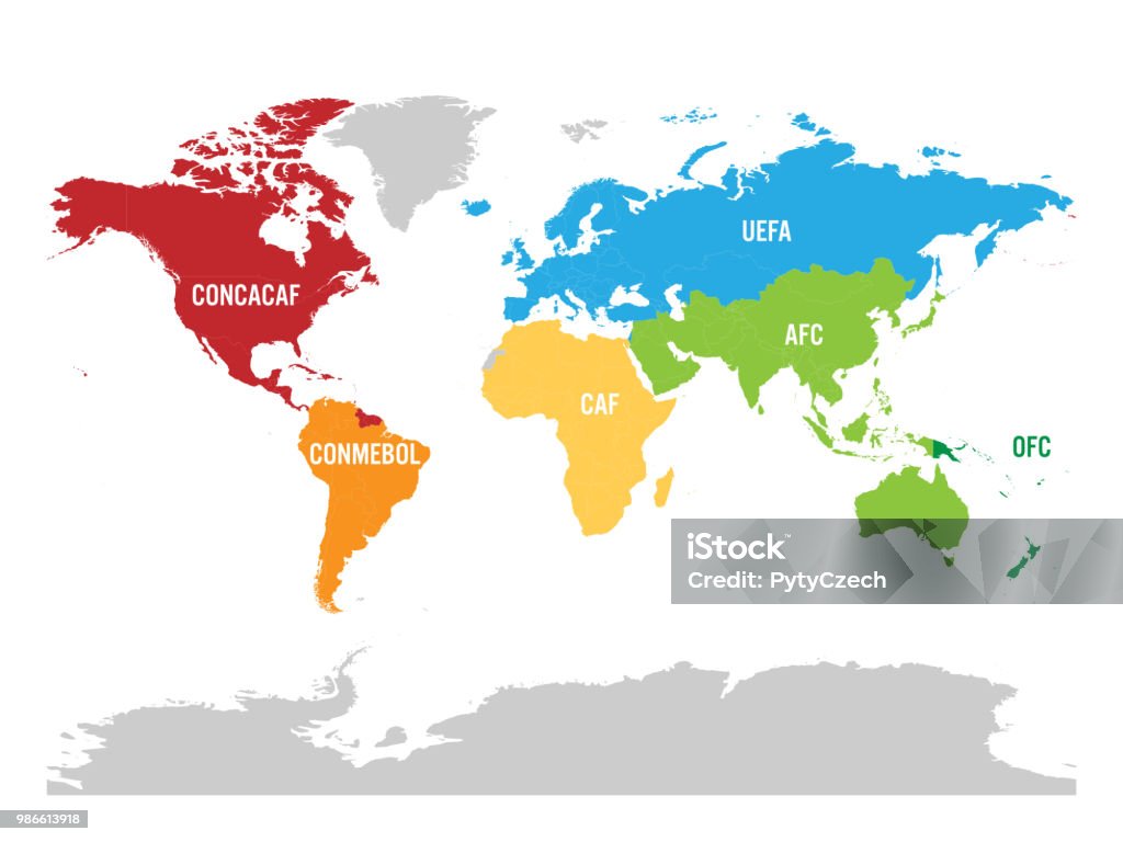 世界サッカー、またはサッカー連盟 - 南米、北中米カリブ海、CAF、UEFA、AFC と OFC の地図 - イラスト素材...