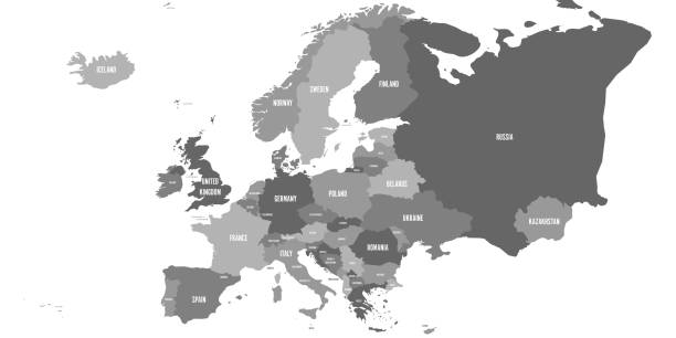 Political map of Europe continent in four shades of grey. With whole european part of Russia and Kazakhstan. Vector illustration Political map of Europe continent in four shades of grey. With whole european part of Russia and Kazakhstan. Vector illustration. Europa stock illustrations