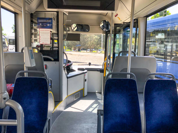 istock TBILISI, GEORGIA -  - MAY 17, 2018: Seats in city bus, view from inside. 986648504