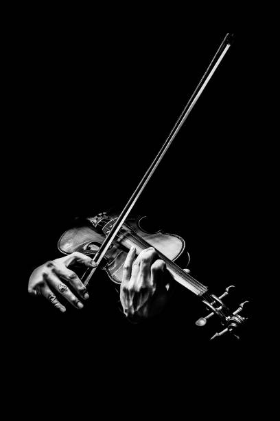 black and white male violinist hands playing violin, music background stock photo