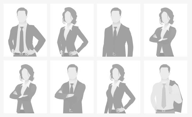 Default placeholder man and woman half-length por Default placeholder man and woman half-length portrait photo avatar. Businessman and businesswoman gray color hair grey stock illustrations