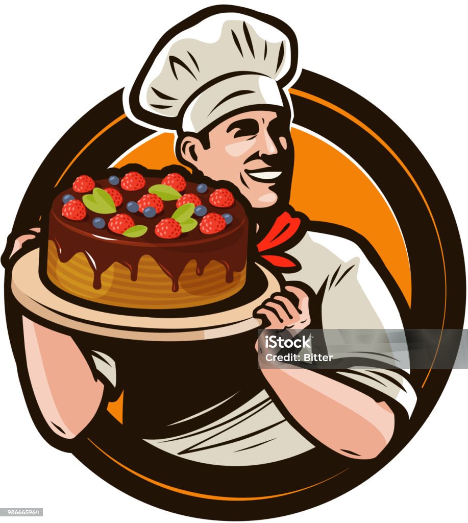 Pastry Shop Or Label Chef With Cake On A Tray Cartoon Vector Illustration  Stock Illustration - Download Image Now - iStock