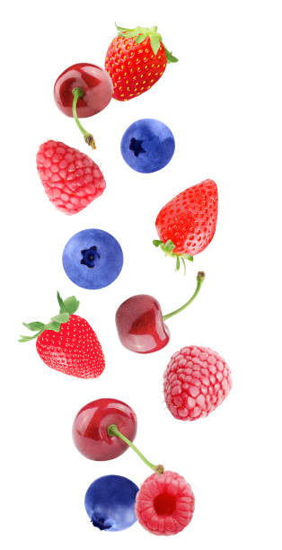 istock Falling strawberry, cherry raspberry and blueberry fruits isolated on white background with clipping path as package design element and advertising. 986667198
