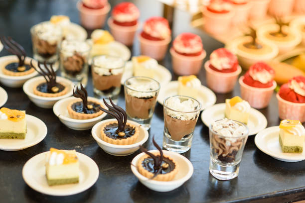 Desserts in the buffet line. For event party stock photo