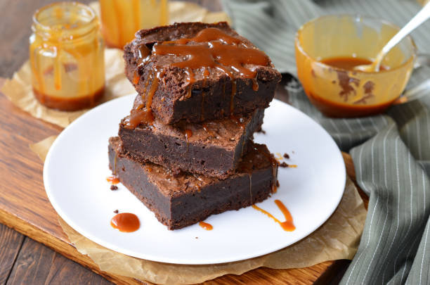 Tasty Brownies with Caramel Sauce, Homemade Chocolate Dessert