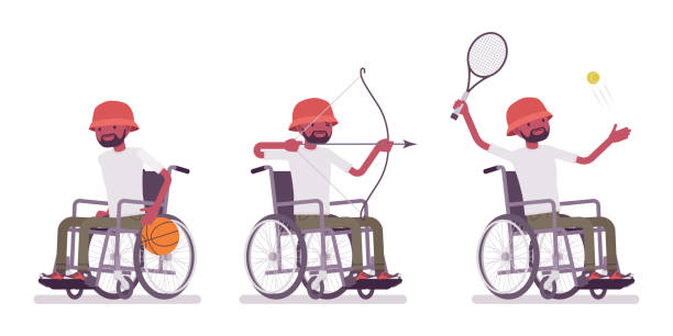 mężczyzna czarny młody użytkownik wózka inwalidzkiego i aktywność sportowa - men chair wheelchair sport stock illustrations