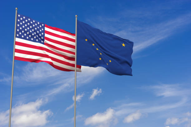 istock USA and Alaska flags over blue sky background. 3D illustration 986709856