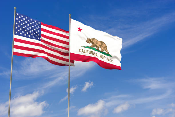 istock USA and California flags over blue sky background. 3D illustration 986710004
