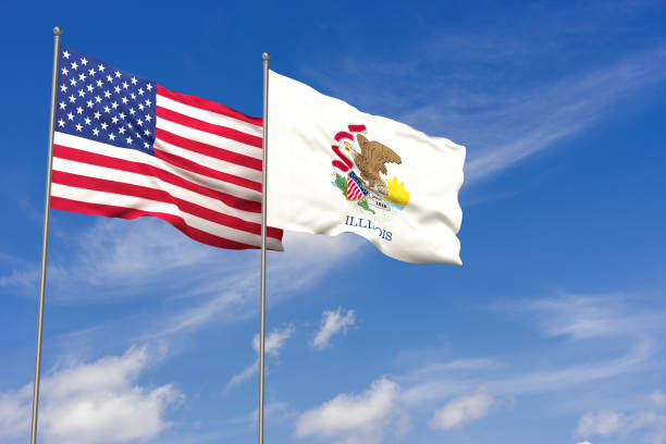 푸른 하늘 배경 위에 미국과 일리노이 플래그입니다. 3 차원 일러스트 레이 션 - illinois flag 뉴스 사진 이미지