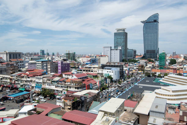 a city view near the central market or Psar Thmei market in the city of Phnom Penh of Cambodia.  Cambodia, Phnom Penh, November, 2017,