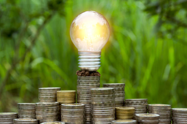 istock Energy saving light bulb and tree growing on stacks of coins on nature background. Saving, accounting and financial concept. 986710928