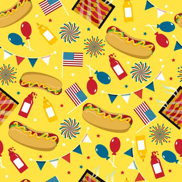 Vector illustration of National hot dog day. Hot dog vector. Seamless pattern.
