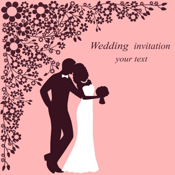 istock Invitation card with the bride and groom on a floral background. 986715564