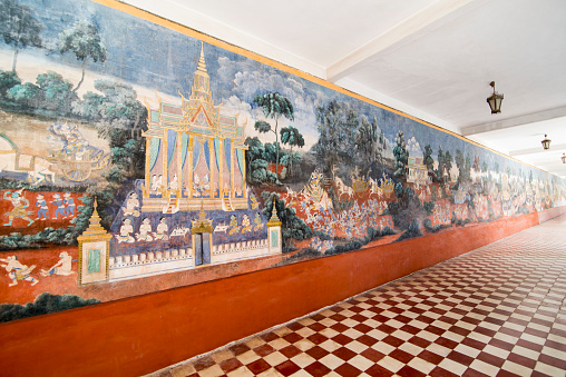 the Ramayana Mural paintings at the silver Pagoda of the Royal Palace in the city of Phnom Penh of Cambodia.  Cambodia, Phnom Penh, November, 2017,