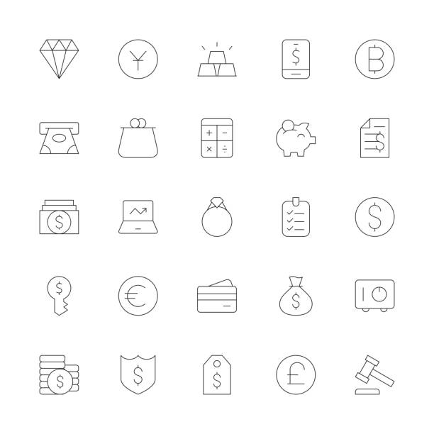 Financial Item Icons - Ultra Thin Line Series Financial Item Icons Ultra Thin Line Series Vector EPS File. piggy bank gold british currency pound symbol stock illustrations