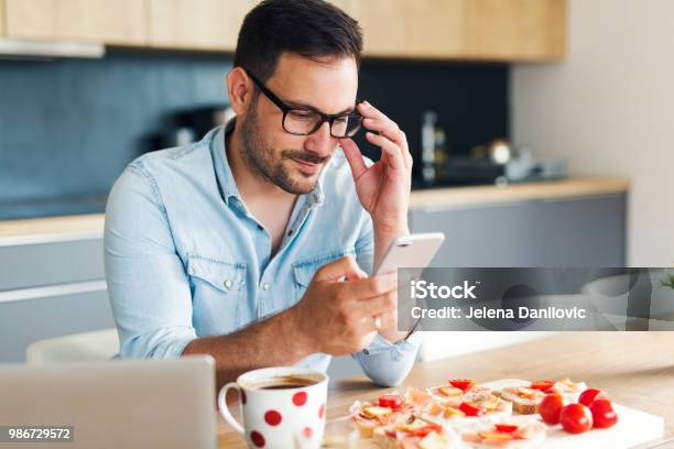 Breakfast Stock Photo - Download Image Now - Healthy Lifestyle, Mobile App, Men