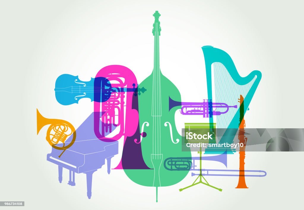 Musical instruments - Classical Orchestra Colourful overlapping silhouettes of Classical Orchestra musical instruments Orchestra stock vector