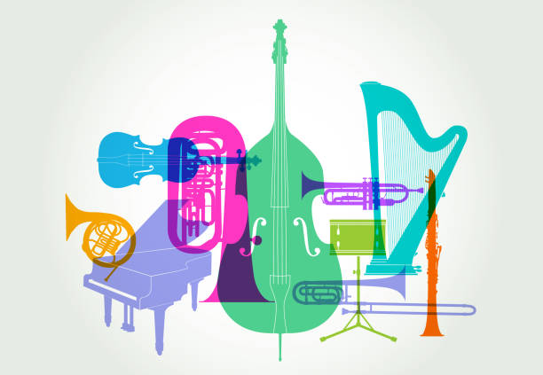 Musical instruments - Classical Orchestra Colourful overlapping silhouettes of Classical Orchestra musical instruments musical instrument illustrations stock illustrations