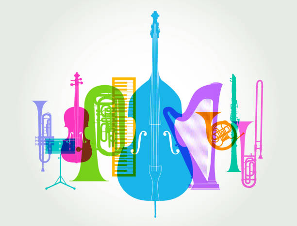 Musical instruments - Classical Orchestra Colourful overlapping silhouettes of Classical Orchestra musical instruments chamber orchestra stock illustrations