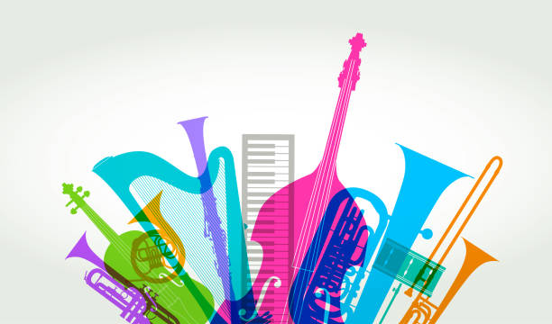 Musical instruments - Classical Orchestra Colourful overlapping silhouettes of Classical Orchestra musical instruments chamber orchestra stock illustrations