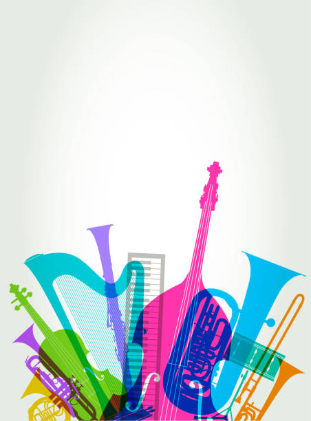 Musical instruments - Classical Orchestra Colourful overlapping silhouettes of Classical Orchestra musical instruments chamber orchestra stock illustrations