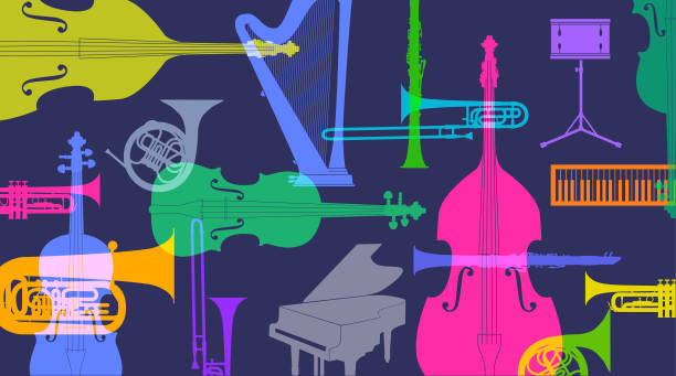 Musical instruments - Classical Orchestra Colourful overlapping silhouettes of Classical Orchestra musical instruments chamber orchestra stock illustrations