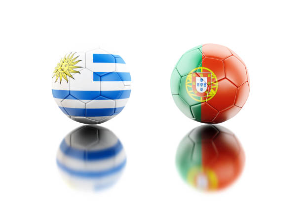 istock 3d Soccer balls with Spain and Russia flags. 986746880