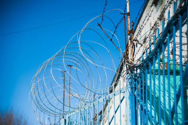 istock Barbed fence around prison walls 986753258