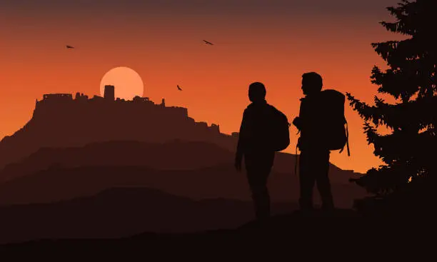 Vector illustration of Castle on a hill with two tourists in the foreground, under a night orange sky and flying birds - vector, Spis Castle, Slovakia