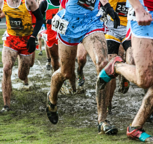 Muddy legs of cross country runners A high school race is run on the muddiest course imaginable with spikes having to be held on by duct tape. mud photos stock pictures, royalty-free photos & images